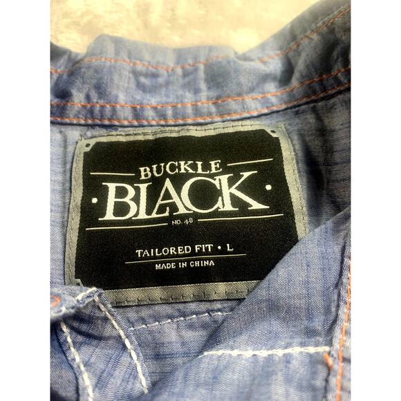 The Buckle Black Blue Denim Long Sleeve Pearl Snap Shirt Embroidered Lt Weight L - Picture 6 of 7
